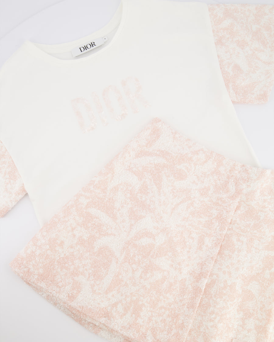 Christian Dior Kids White and Pink Sequin Embellished Logo T-Shirt and Skirt Set Size 8 years RRP £820