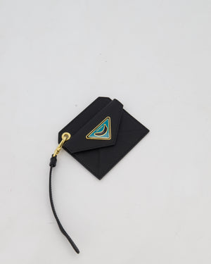 Prada Key Chain Card Holder in Black Saffiano Leather With Blue and Gold Triangle Banana Logo