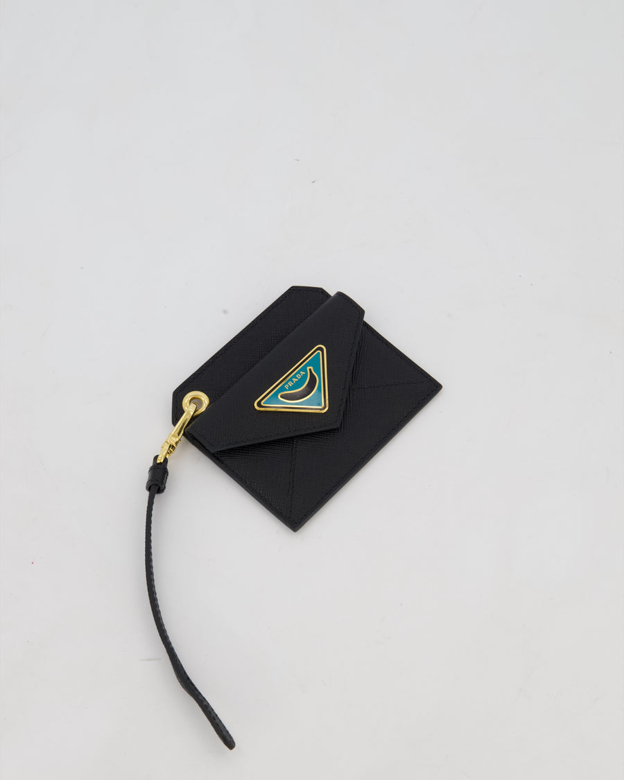 Prada Key Chain Card Holder in Black Saffiano Leather With Blue and Gold Triangle Banana Logo