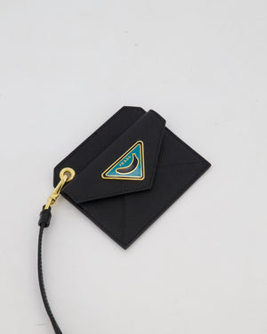 Prada Key Chain Card Holder in Black Saffiano Leather With Blue and Gold Triangle Banana Logo