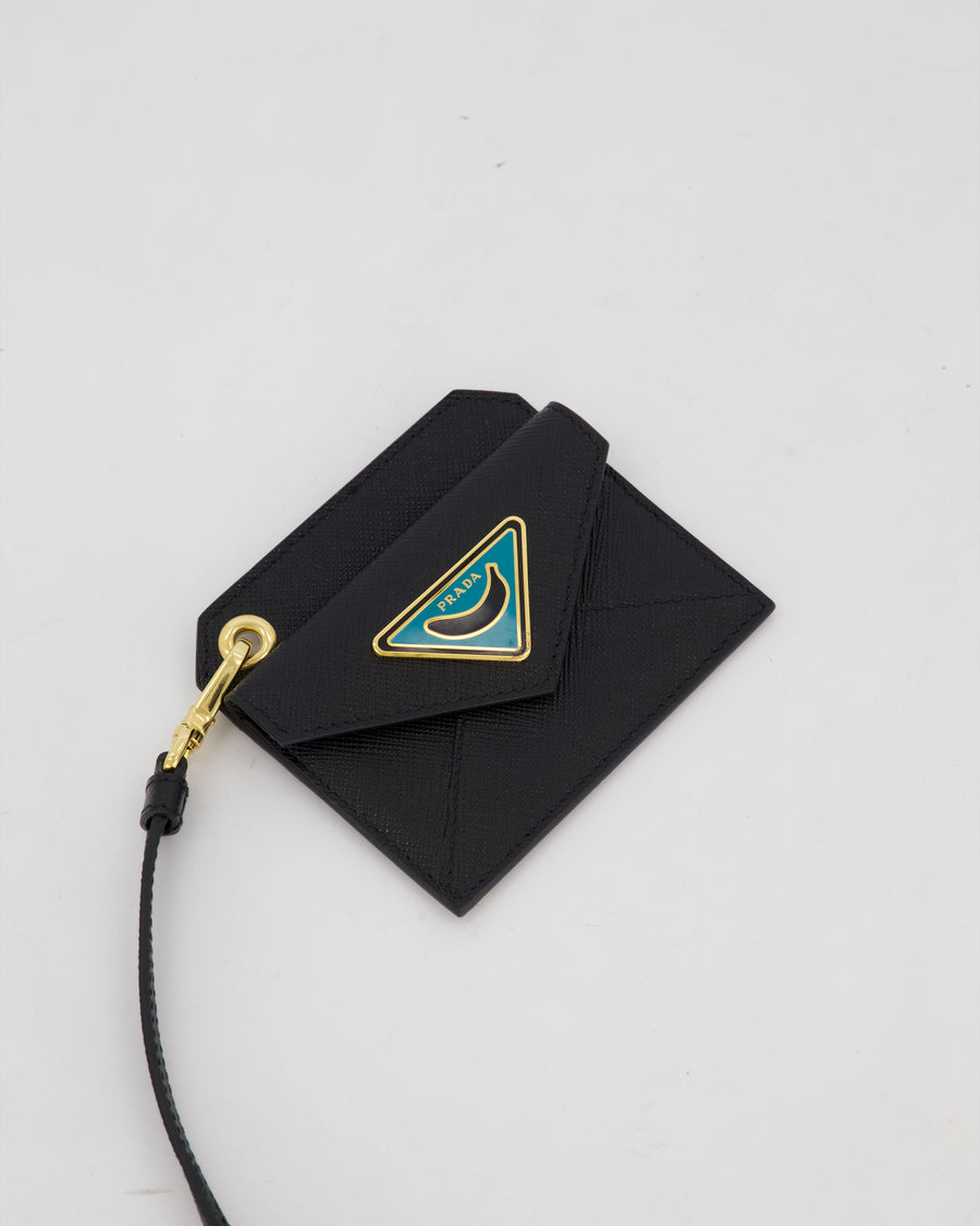 Prada Key Chain Card Holder in Black Saffiano Leather With Blue and Gold Triangle Banana Logo