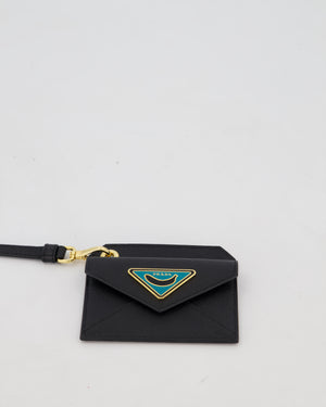 Prada Key Chain Card Holder in Black Saffiano Leather With Blue and Gold Triangle Banana Logo