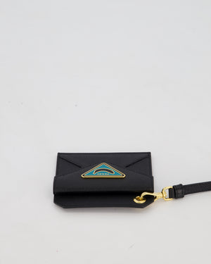 Prada Key Chain Card Holder in Black Saffiano Leather With Blue and Gold Triangle Banana Logo