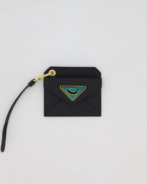 Prada Key Chain Card Holder in Black Saffiano Leather With Blue and Gold Triangle Banana Logo