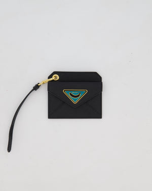 Prada Key Chain Card Holder in Black Saffiano Leather With Blue and Gold Triangle Banana Logo