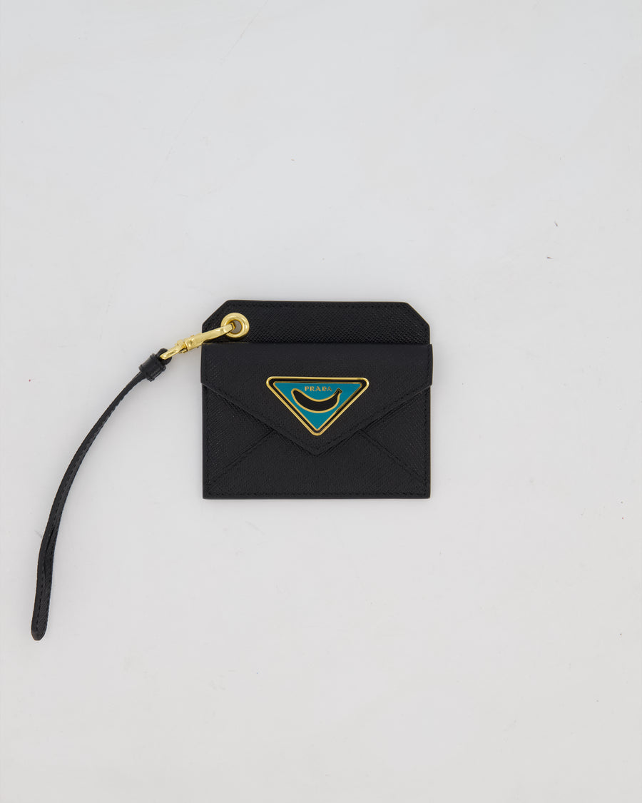 Prada Key Chain Card Holder in Black Saffiano Leather With Blue and Gold Triangle Banana Logo