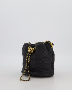 Chanel 2021 Black Quilted Lambskin Imitation Pearl Handle Bucket Bag with Champagne Gold Hardware