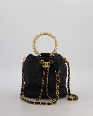 Chanel 2021 Black Quilted Lambskin Imitation Pearl Handle Bucket Bag with Champagne Gold Hardware
