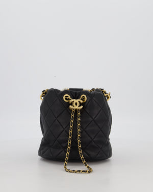 Chanel 2021 Black Quilted Lambskin Imitation Pearl Handle Bucket Bag with Champagne Gold Hardware
