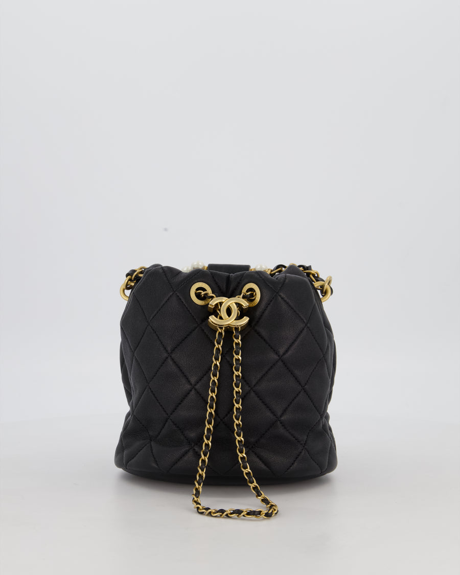 Chanel 2021 Black Quilted Lambskin Imitation Pearl Handle Bucket Bag with Champagne Gold Hardware