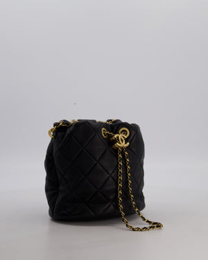 Chanel 2021 Black Quilted Lambskin Imitation Pearl Handle Bucket Bag with Champagne Gold Hardware
