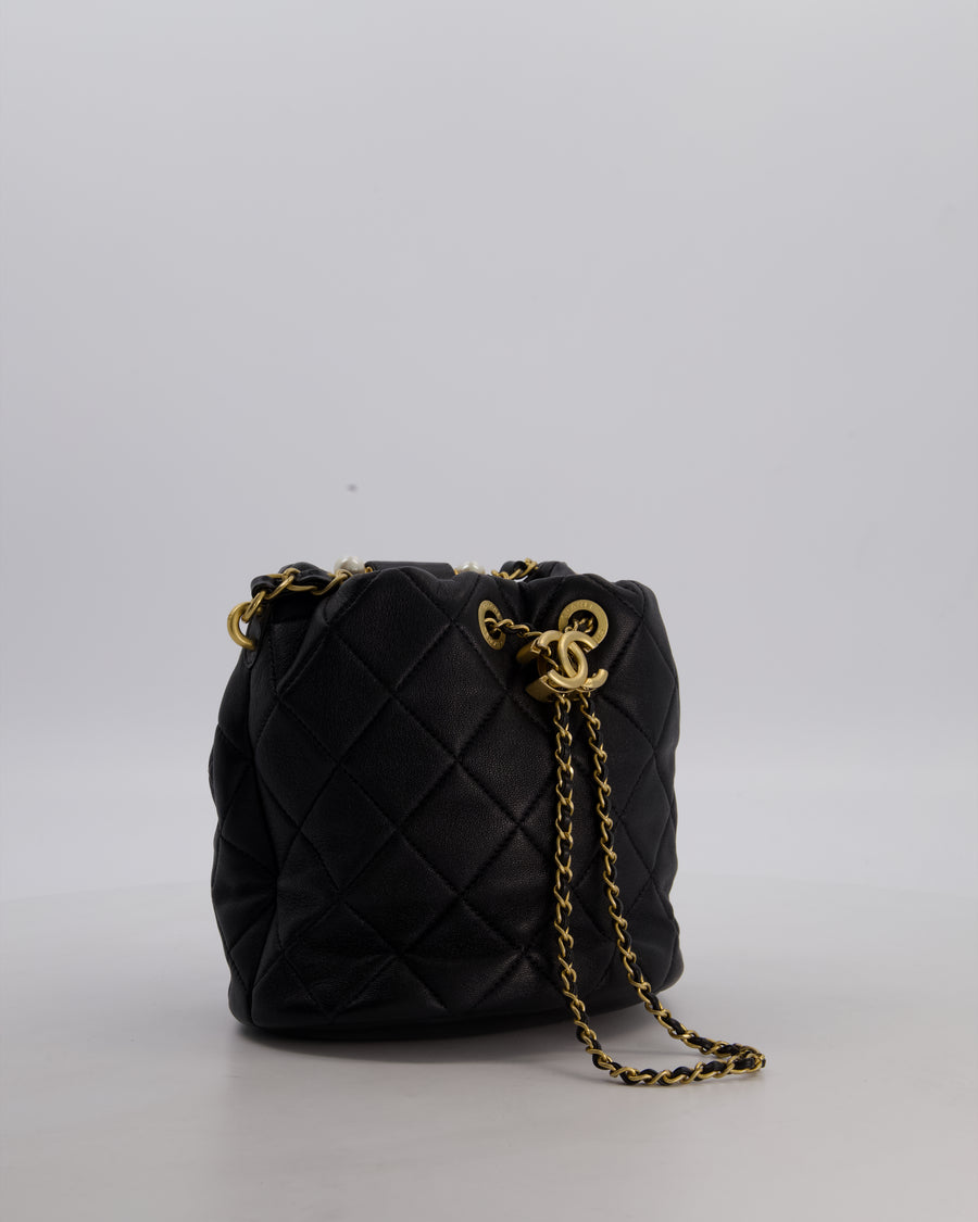 Chanel 2021 Black Quilted Lambskin Imitation Pearl Handle Bucket Bag with Champagne Gold Hardware