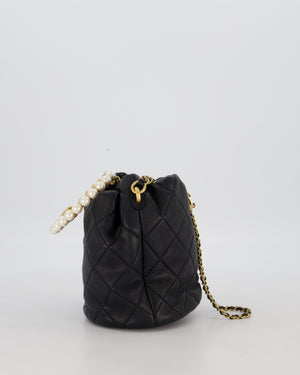Chanel 2021 Black Quilted Lambskin Imitation Pearl Handle Bucket Bag with Champagne Gold Hardware