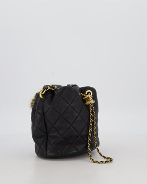 Chanel 2021 Black Quilted Lambskin Imitation Pearl Handle Bucket Bag with Champagne Gold Hardware
