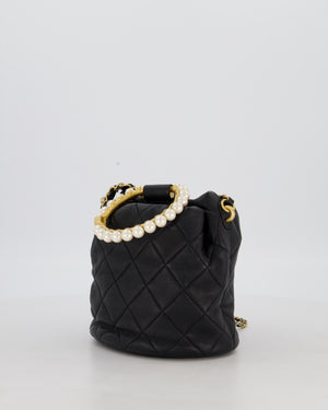 Chanel 2021 Black Quilted Lambskin Imitation Pearl Handle Bucket Bag with Champagne Gold Hardware