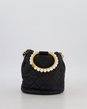 Chanel 2021 Black Quilted Lambskin Imitation Pearl Handle Bucket Bag with Champagne Gold Hardware