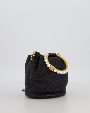 Chanel 2021 Black Quilted Lambskin Imitation Pearl Handle Bucket Bag with Champagne Gold Hardware