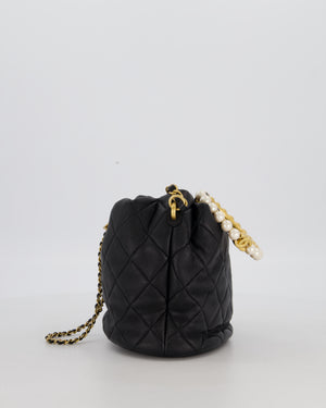 Chanel 2021 Black Quilted Lambskin Imitation Pearl Handle Bucket Bag with Champagne Gold Hardware