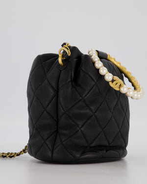 Chanel 2021 Black Quilted Lambskin Imitation Pearl Handle Bucket Bag with Champagne Gold Hardware