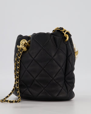 Chanel 2021 Black Quilted Lambskin Imitation Pearl Handle Bucket Bag with Champagne Gold Hardware