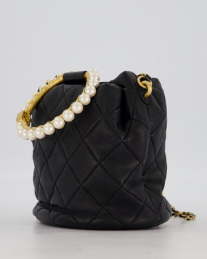 Chanel 2021 Black Quilted Lambskin Imitation Pearl Handle Bucket Bag with Champagne Gold Hardware