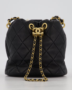 Chanel 2021 Black Quilted Lambskin Imitation Pearl Handle Bucket Bag with Champagne Gold Hardware