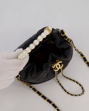 Chanel 2021 Black Quilted Lambskin Imitation Pearl Handle Bucket Bag with Champagne Gold Hardware