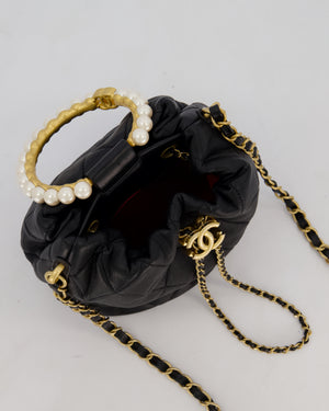 Chanel 2021 Black Quilted Lambskin Imitation Pearl Handle Bucket Bag with Champagne Gold Hardware