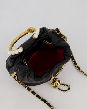Chanel 2021 Black Quilted Lambskin Imitation Pearl Handle Bucket Bag with Champagne Gold Hardware