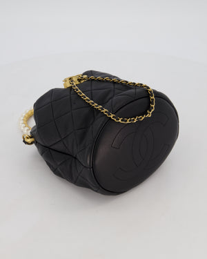 Chanel 2021 Black Quilted Lambskin Imitation Pearl Handle Bucket Bag with Champagne Gold Hardware
