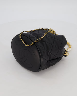Chanel 2021 Black Quilted Lambskin Imitation Pearl Handle Bucket Bag with Champagne Gold Hardware