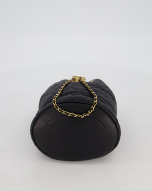 Chanel 2021 Black Quilted Lambskin Imitation Pearl Handle Bucket Bag with Champagne Gold Hardware