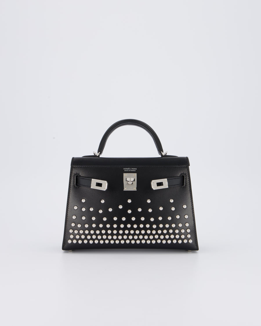 *SUPER RARE & HOT* Hermès Mini Kelly II 20 Clouté Bag in Noir Box Calf Leather with Palladium Hardware &amp; Studs