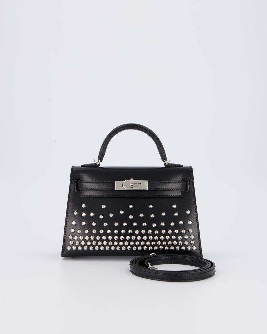 *SUPER RARE & HOT* Hermès Mini Kelly II 20 Clouté Bag in Noir Box Calf Leather with Palladium Hardware &amp; Studs