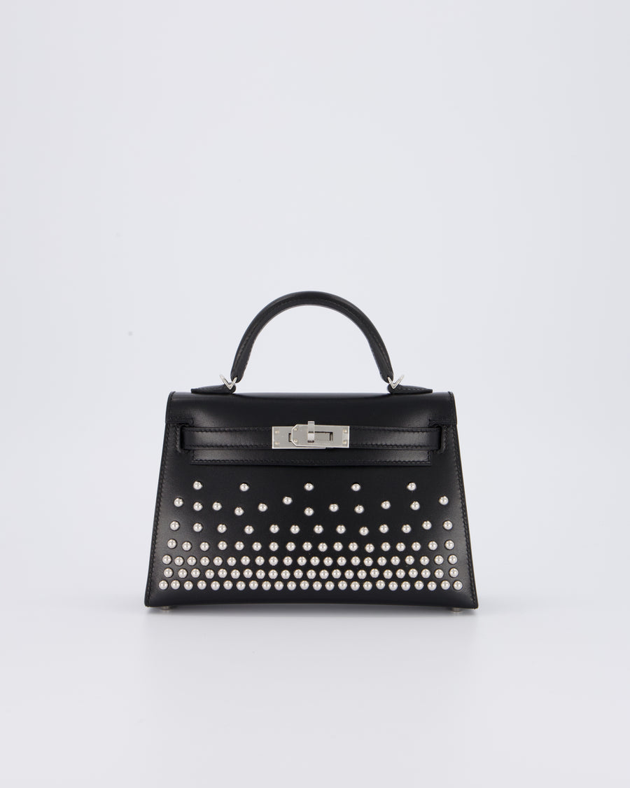 *SUPER RARE & HOT* Hermès Mini Kelly II 20 Clouté Bag in Noir Box Calf Leather with Palladium Hardware &amp; Studs