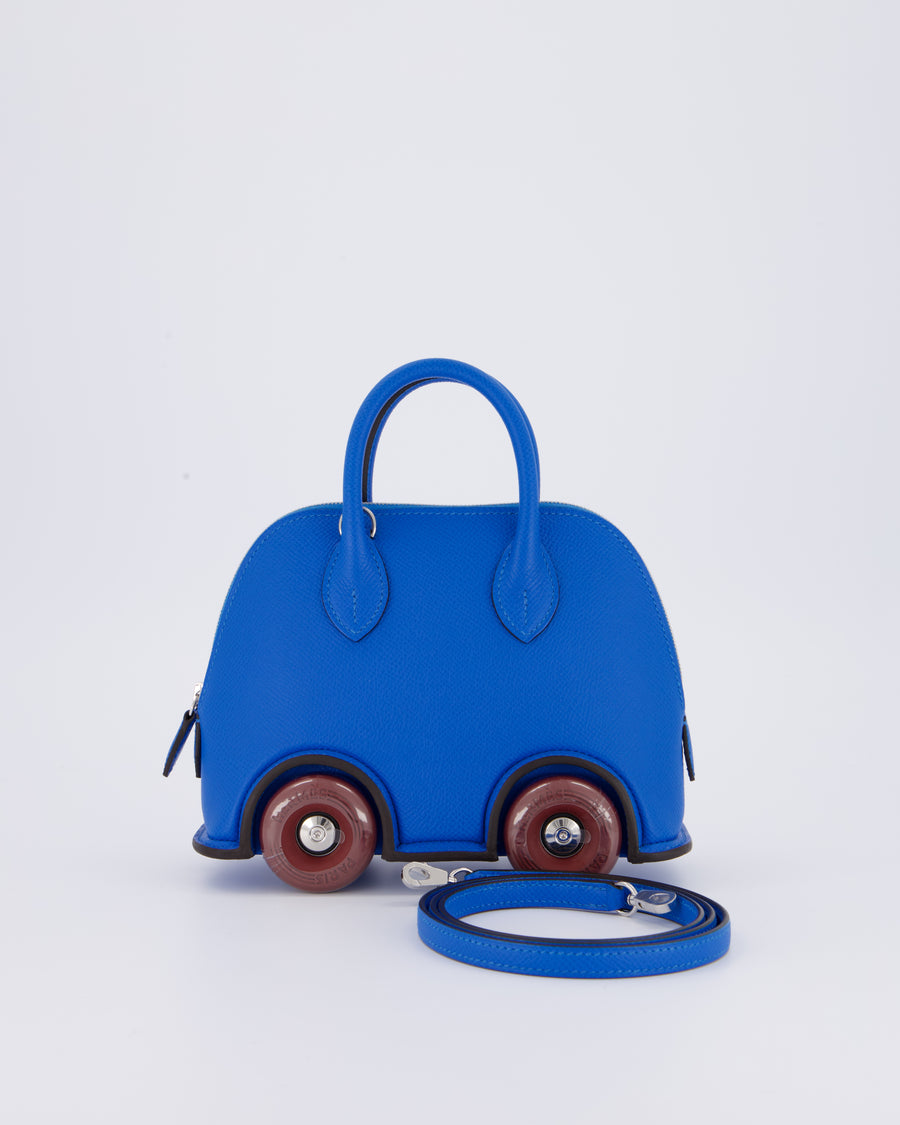 *SUPER RARE & HOT* Hermès Mini Bolide on Wheels Bag in Bleu Hydra Epsom Leather with Rouge H Wheels and Palladium Hardware