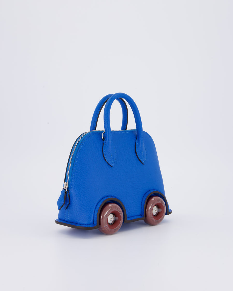 *SUPER RARE & HOT* Hermès Mini Bolide on Wheels Bag in Bleu Hydra Epsom Leather with Rouge H Wheels and Palladium Hardware