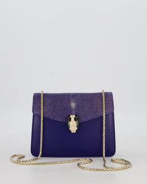 Bvlgari Blue Small Serpenti Forever Square Shoulder Bag In Calfskin Leather & Stingray with Champagne Gold Hardware