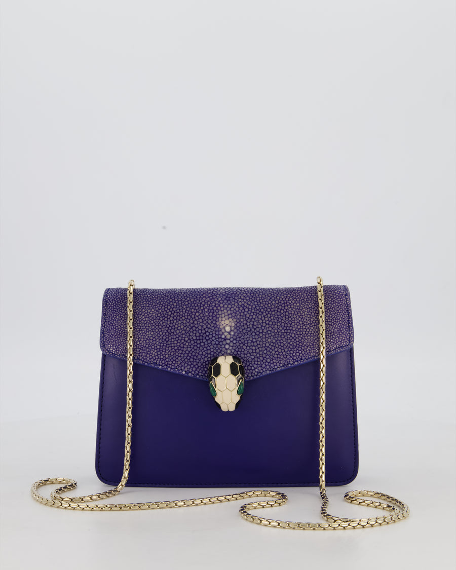 Bvlgari Blue Small Serpenti Forever Square Shoulder Bag In Calfskin Leather & Stingray with Champagne Gold Hardware