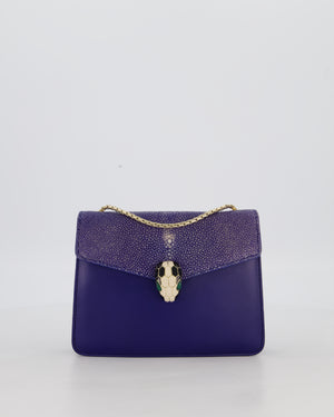 Bvlgari Blue Small Serpenti Forever Square Shoulder Bag In Calfskin Leather & Stingray with Champagne Gold Hardware