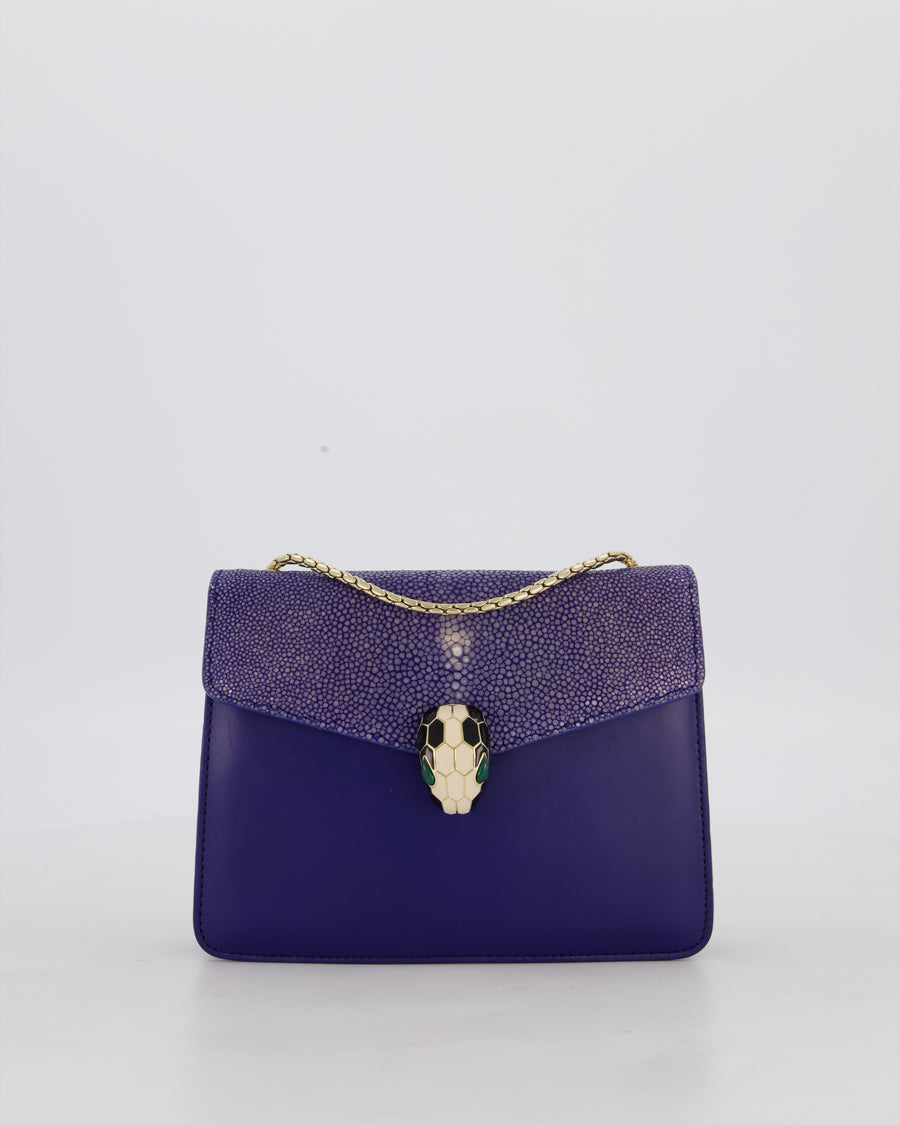 Bvlgari Blue Small Serpenti Forever Square Shoulder Bag In Calfskin Leather & Stingray with Champagne Gold Hardware