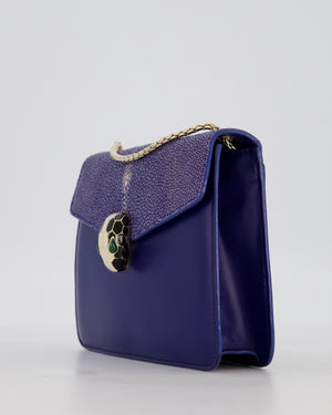 Bvlgari Blue Small Serpenti Forever Square Shoulder Bag In Calfskin Leather & Stingray with Champagne Gold Hardware