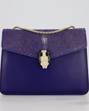 Bvlgari Blue Small Serpenti Forever Square Shoulder Bag In Calfskin Leather & Stingray with Champagne Gold Hardware