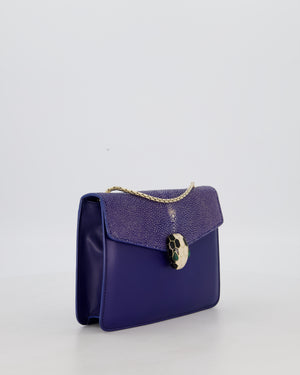 Bvlgari Blue Small Serpenti Forever Square Shoulder Bag In Calfskin Leather & Stingray with Champagne Gold Hardware