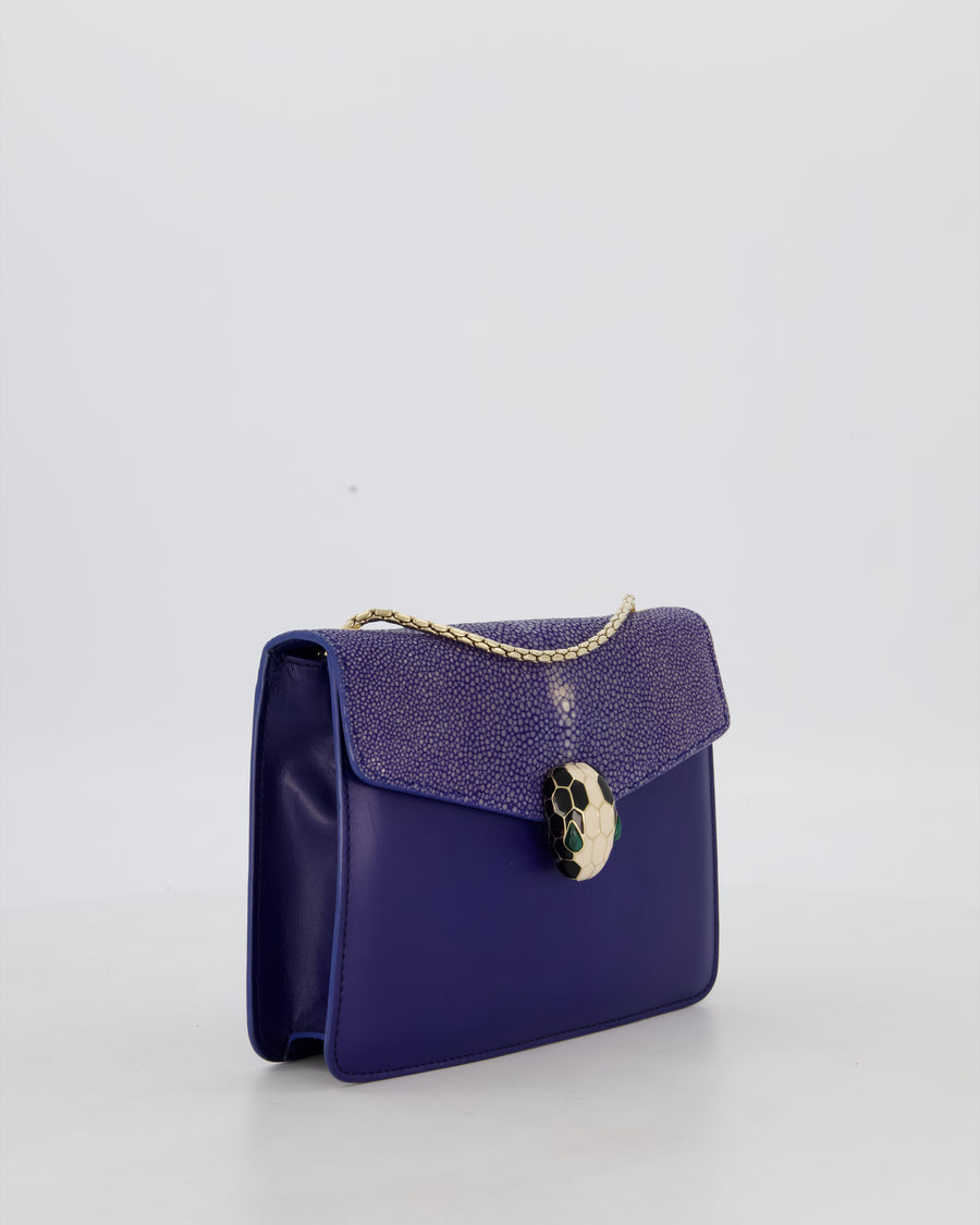 Bvlgari Blue Small Serpenti Forever Square Shoulder Bag In Calfskin Leather & Stingray with Champagne Gold Hardware