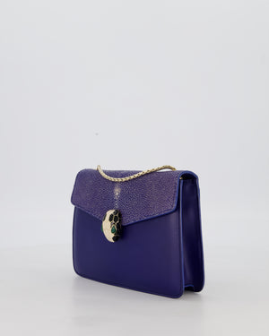 Bvlgari Blue Small Serpenti Forever Square Shoulder Bag In Calfskin Leather & Stingray with Champagne Gold Hardware