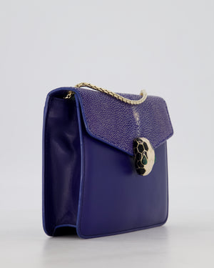 Bvlgari Blue Small Serpenti Forever Square Shoulder Bag In Calfskin Leather & Stingray with Champagne Gold Hardware