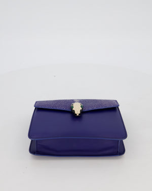 Bvlgari Blue Small Serpenti Forever Square Shoulder Bag In Calfskin Leather & Stingray with Champagne Gold Hardware