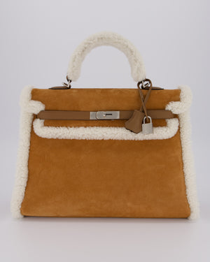 *COLLECTOR'S* Hermès Kelly 35 Teddy Plush Grizzly Bag in Alezan Swift Leather, Ecru Plush & Chamois Grizzly Suede Leather with Palladium Hardware