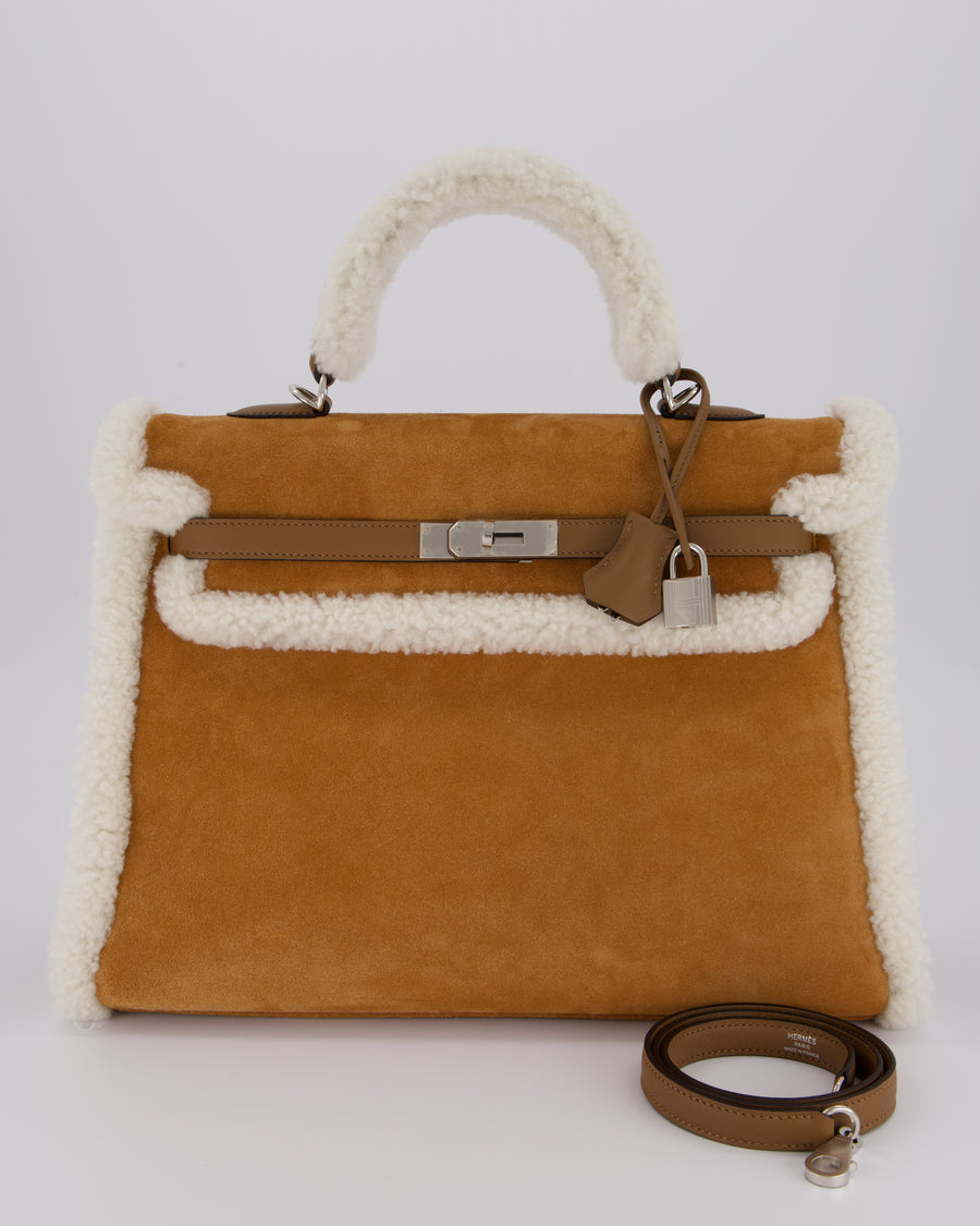 *COLLECTOR'S* Hermès Kelly 35 Teddy Plush Grizzly Bag in Alezan Swift Leather, Ecru Plush & Chamois Grizzly Suede Leather with Palladium Hardware